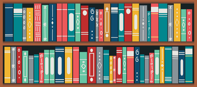 bookshelf with books. Set of different book spines on wooden shelves. Book banner. vector illustration.