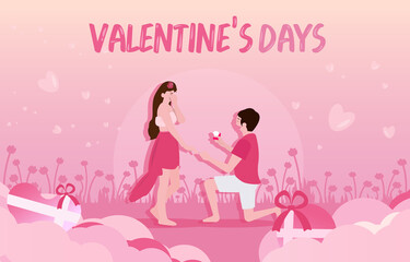 Man proposing marriage to a woman in valentine's day, paper art valentine concept , love, relationship. Happy Lover. Couple in love for greeting cards pink tone.