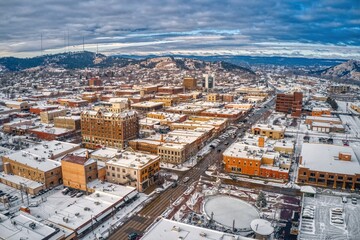 Aerial View of Rapid City, South Dakota with fresh Snow