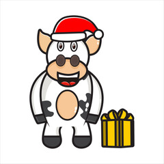 cute cow mascot illustration on christmas day