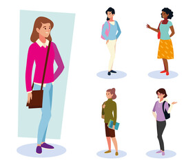 set of university students female classmates standing with bags