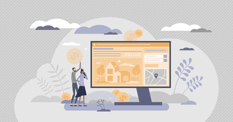 Researching real estate online to buy house from website tiny person concept