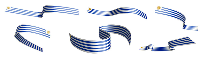 Set of holiday ribbons. Flag of Uruguay waving in wind. Separation into lower and upper layers. Design element. Vector on white background
