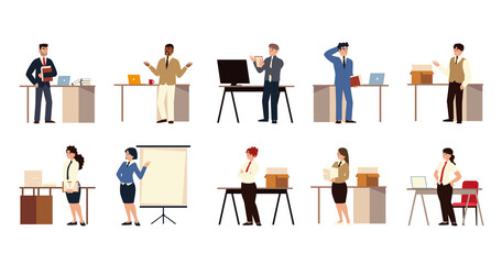 business people characters working in office with desk computer board presentation
