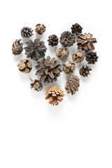 Collection of various cones folded in the shape of a heart on a white background. Minimalistic natural background for Valentine's Day. Invitation or greeting card with copy space.