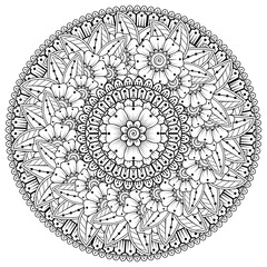 Circular pattern in the form of mandala with flower for henna, mehndi, tattoo, decoration. decorative ornament in ethnic oriental style. coloring book page.