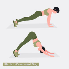 Plank to Downward Dog exercise, Women workout fitness, aerobic and exercises. Vector Illustration.