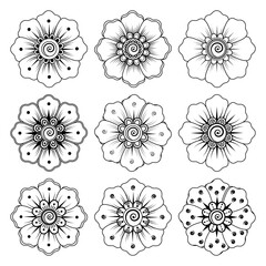 Set of Mehndi flower for henna, mehndi, tattoo, decoration. decorative ornament in ethnic oriental style. doodle ornament. outline hand draw illustration. coloring book page.