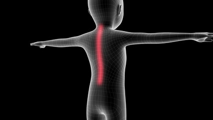 3d illustration of a children xray hologram showing pain area on the back area