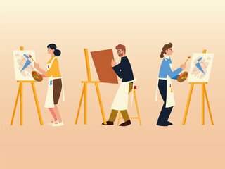 people in paint class with easel canvas brush and paint color