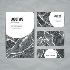 Set of doodle card templates with hand-drawn landscape elements and mountains. Stylish simple monochromatic ink design