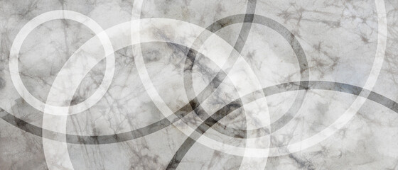 abstract black and white background with old vintage grunge texture and modern circle design elements layered in white rings, monochrome gray colors