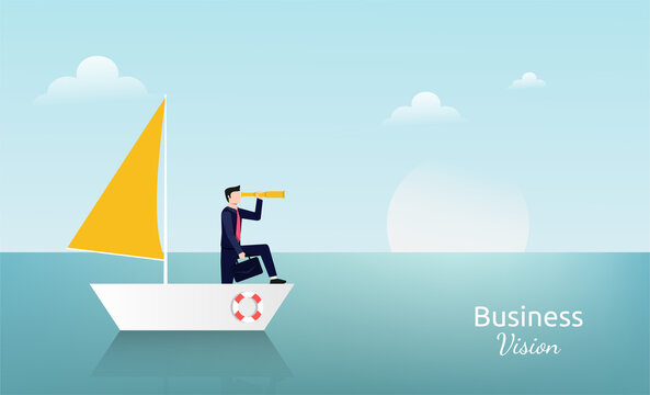 Businessman standing with telescope on the sailboat symbol. Business vision vector illustration