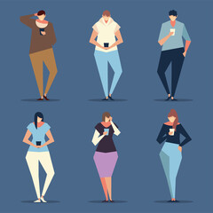 set men and women using smartphone typing, call and send message, people and gadgets