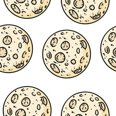 Full moons seamless border pattern. Cute cartoon doodles wallpaper. Vector repeatable background tile. Cozy craft template of stock illustration for wrapping design