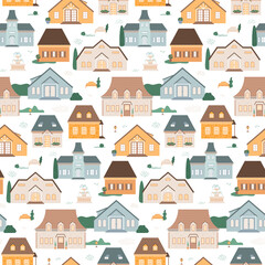 Village with cottages and suburban houses. Vector illustration, small town, courtyards with a fountain, benches, lanterns and trees. Seamless pattern for packaging, banner, prints isolated on white.