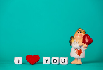 Cute angel and a declaration of love. Valentine's Day. Postcard for the holidays.