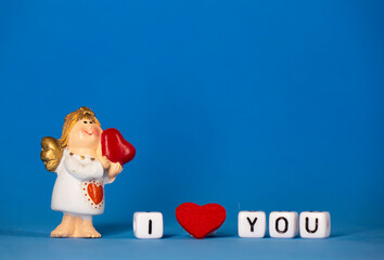Cute angel and a declaration of love. Valentine's Day. Postcard for the holidays.