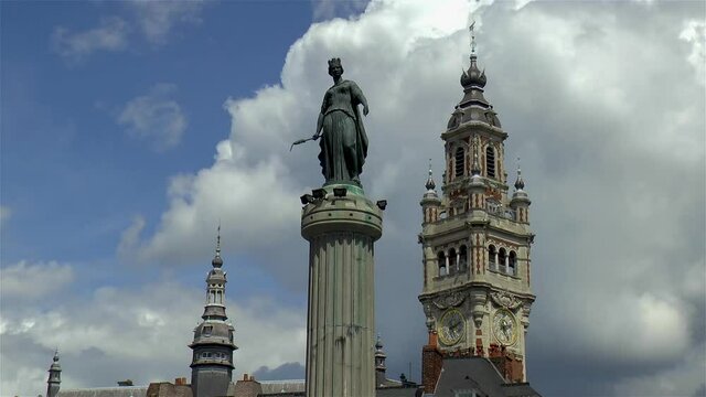 Column of the Goddess, Colonne de la D&eacute;esse, and Chamber of Commerce Belfry in Lille, France.