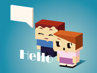 kids conversation with speech bubble, isometric style