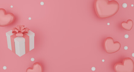 Mock up gift box, balloon heart on pink color background. Festive concept. 3d rendering.