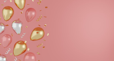 Festive realistic gold, pink and white balloons color with ribbon and gold glitter. Celebrate concept. 3d rendering.