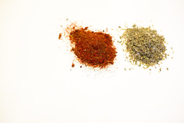 Close-up dried spices. Different flavors. White background.