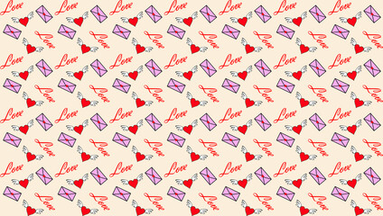 Fototapeta na wymiar Valentine's Day Theme Pattern Vector Illustration with Motif of Envelope, Love Lettering and Winged Heart Shape on Pink Background