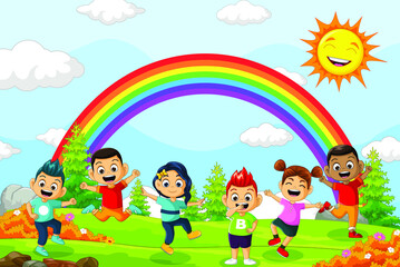 Happy Kids Cartoon Playing with Landscape Background
