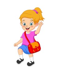 Cartoon cute girl go to school with backpack