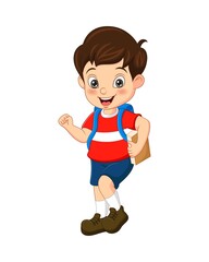 Cartoon cute boy go to school with backpack