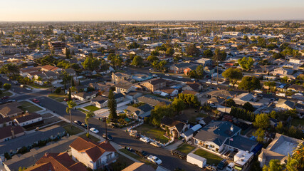 Sunset aerial view of a residential district in Westminster, California, USA.