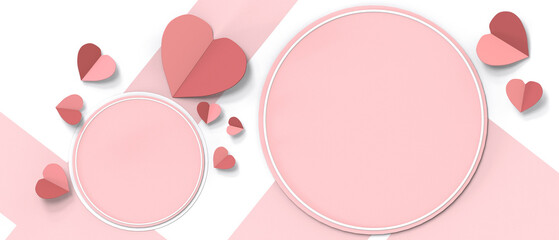 Flat lay. Paper hearts.Mockup Valentine Love Pink Background and origami concept on Pink.top view, copy space.Cute love sale banner or greeting card - 3d rendering