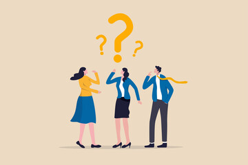 Confused business team finding answer or solution to solve problem, work question or doubt and suspicion in work process concept, businessman and woman team thinking with question mark symbol. - obrazy, fototapety, plakaty