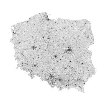 Fototapeta Poland map. Road map of Poland. It includes all roads of the country (from highways to country roads and railways). Light grayscale decorative graphics.