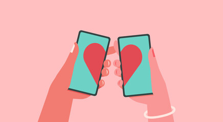 online dating and long distance relationship concept, human hands holding mobile phone with heart on screen app virtual love, vector flat illustration