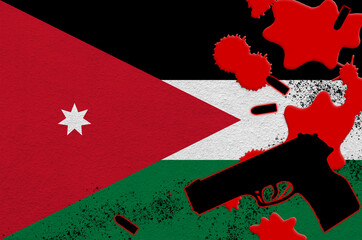 Jordan flag and black firearm in red blood. Concept for terror attack or military operations with...