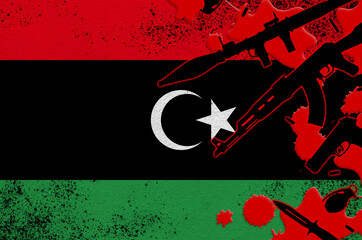 Libya flag and various weapons in red blood. Concept for terror attack or military operations with lethal outcome