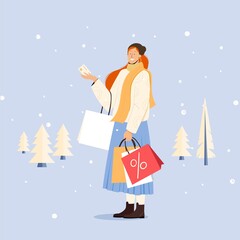 Girl with shopping bags holding credit card. Vector illustration for winter and christmas sale design