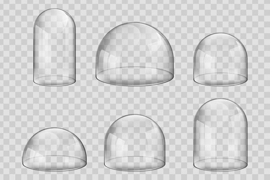 Various size and spherical shape glass domes or bell jars. Set of transparent forms for kitchen utensils, exhibitions and presentations, Christmas souvenirs.