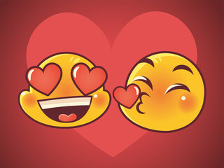 emoji faces expression funny kiss and love reactions on heart background