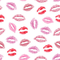 Background of red and pink kisses lipstick. white background. World kissing day. Valentins day. seamless pattern. Hand drawing. Illustration.