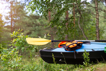 But from a tourist boat on the shore. Sports water trip by kayak, rowing and rafting. Domestic...