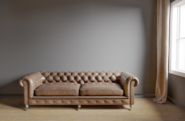 Classic sofa with gray wall interior and curtain window beside. 3D illustration