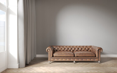 Classic sofa with gray wall interior and curtain window beside. 3D illustration
