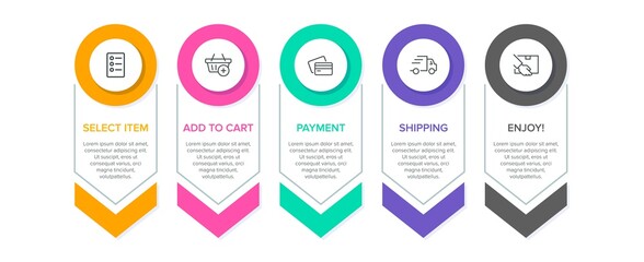 Concept of shopping process with 5 successive steps. Five colorful graphic elements. Timeline design for brochure, presentation, web site. Infographic design layout.