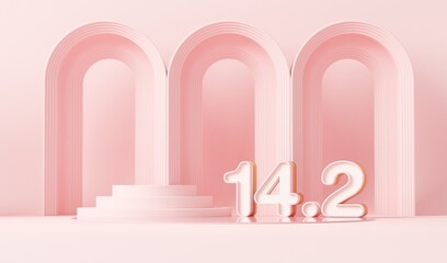 Minimal stage with podium and pastel background. Concept for valentines day, couple day. 3D numbers 14 february. Trendy 3d rendering for social media banners, promotion, cosmetics trade show.