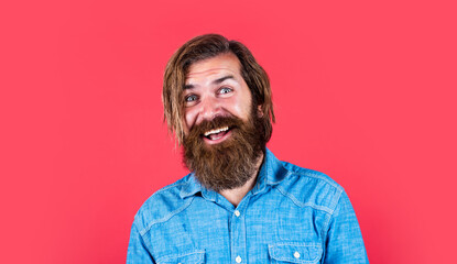 Obraz premium happy smiling mature man. guy with beard. brutal caucasian hipster with moustache. male barber facial care. mens beauty standard. confident and handsome. trendy hairstyle