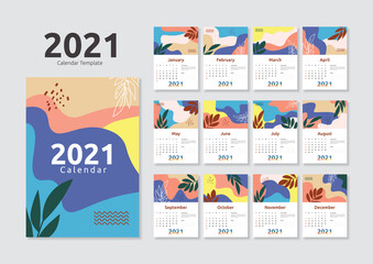 Floral 2021 wall calendar template in flat style
