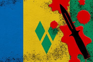 Saint Vincent and the Grenadines flag and black tactical knife in red blood. Concept for terror...